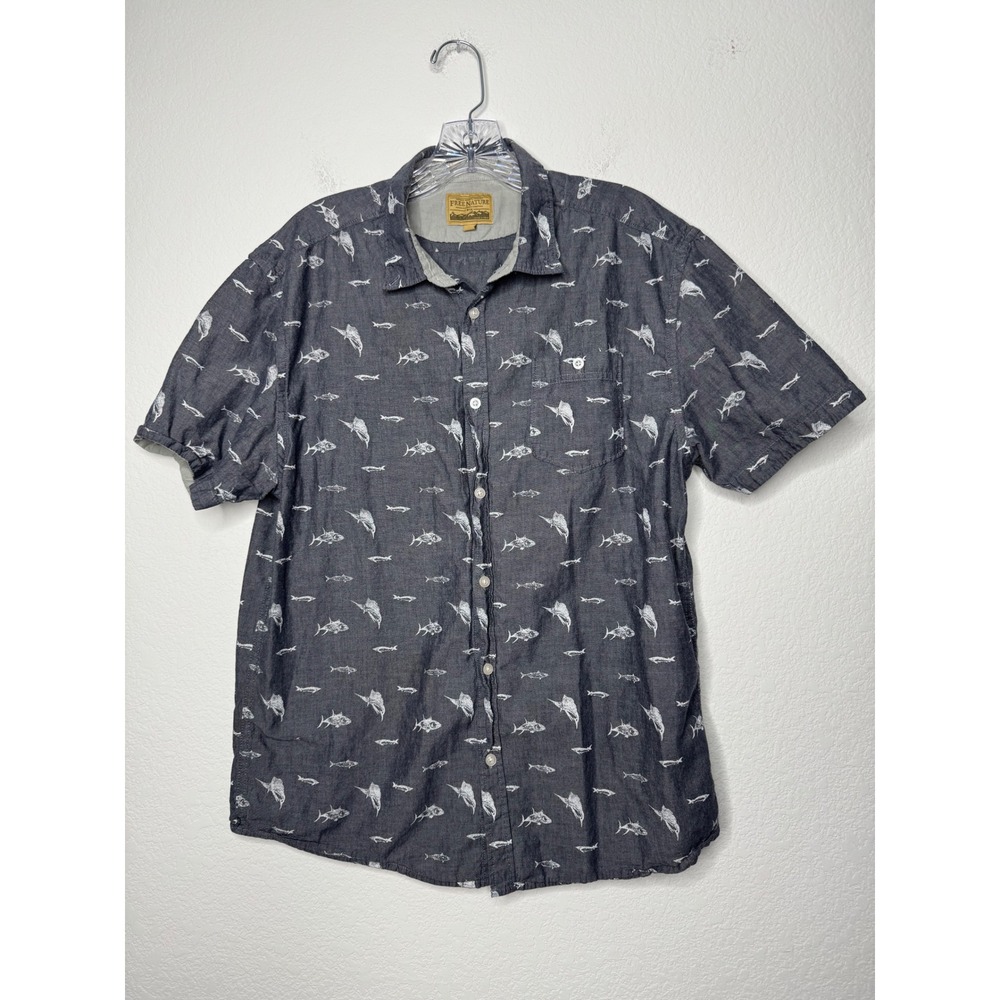 Free Nature Mens Large Gray Fish Print Short Sleeve Button Down Cotton Shirt